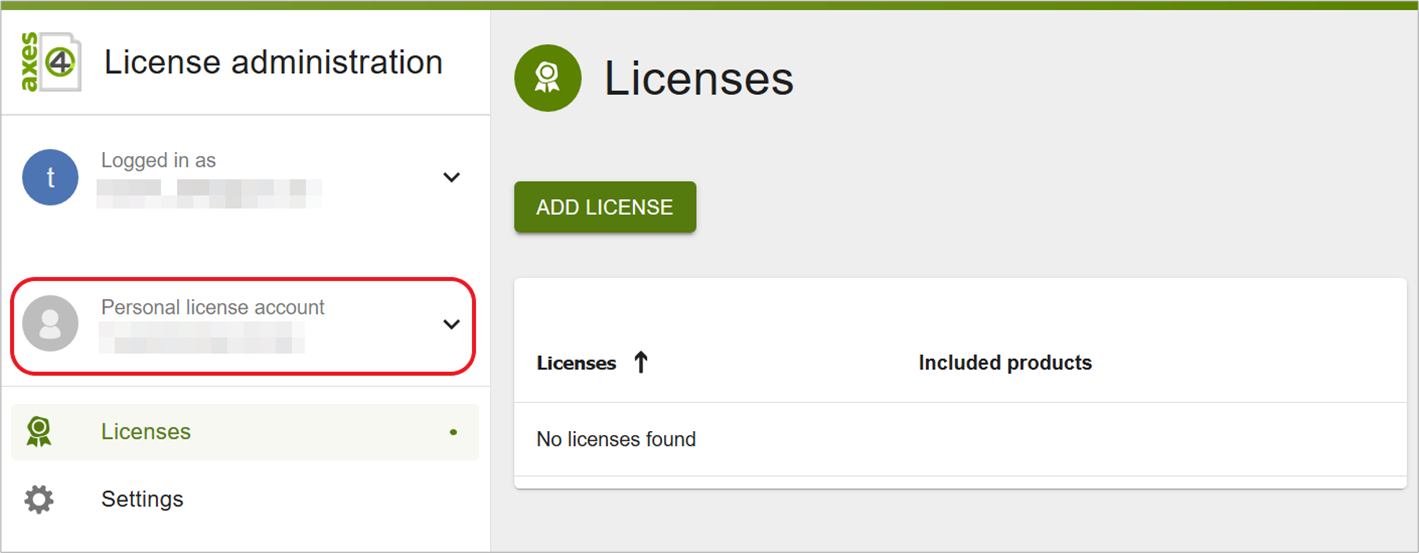 Screenshot: License management with the overview view of licenses with highlighted account drop-down menu