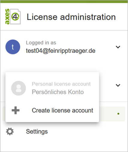 Screenshot: License management with the overview view of the licenses with the account menu expanded