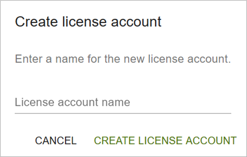 Screenshot: 'Open license account' dialog box with input field for entering the name of the license account