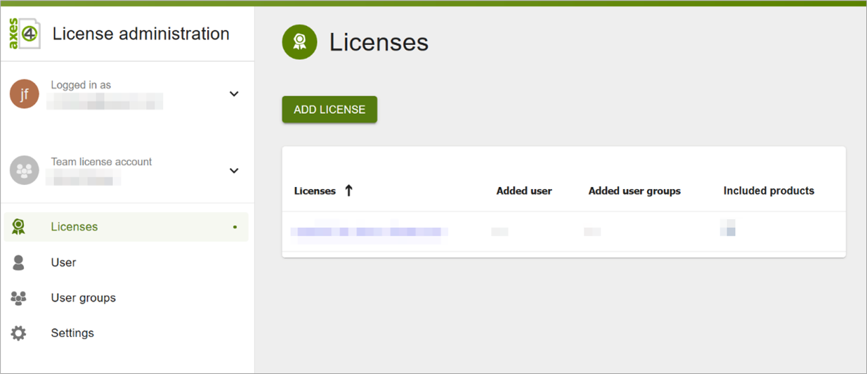 Screenshot: License management with an overview of all licenses.
