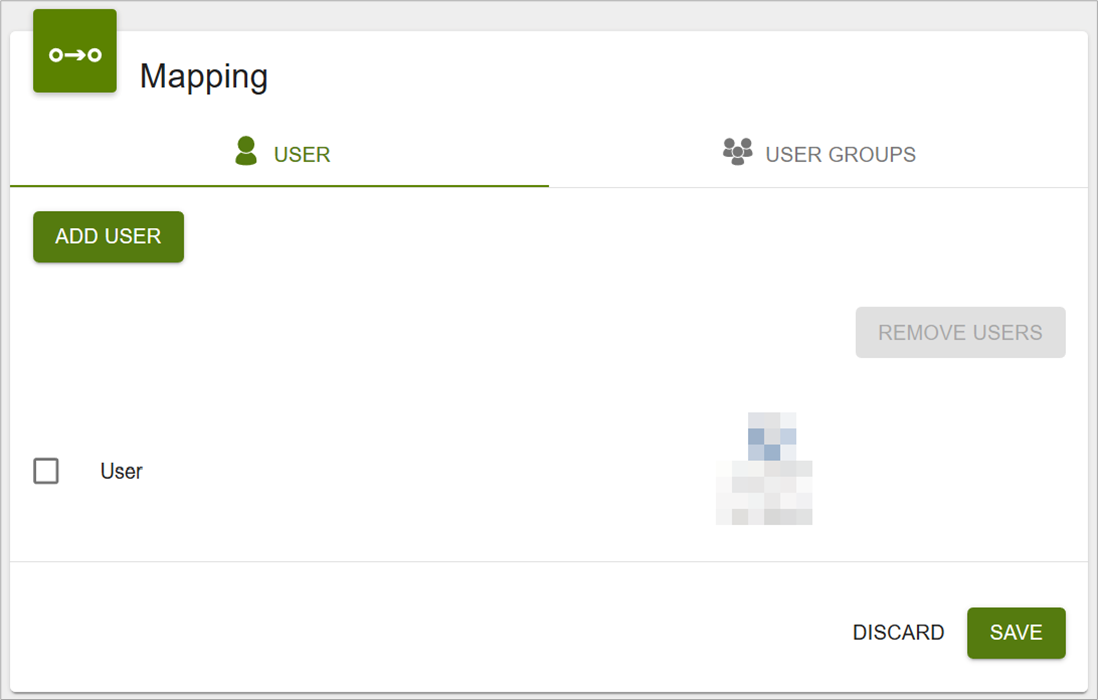Screenshot of the license administration: This view shows the 'Mapping' card which allows to add user to alicense.