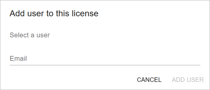 Screenshot of the license administration. This view shows the dialog box 'Add user' to this license. It contains the 'E-Mail' input field and the 'Cancel' button as well as the 'Add user' button.