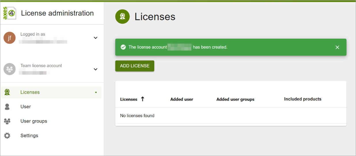 Screenshot: License management with newly created team account and still empty overview view of licenses