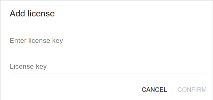 Screenshot: 'Add license' dialog box with input field for entering the license key.