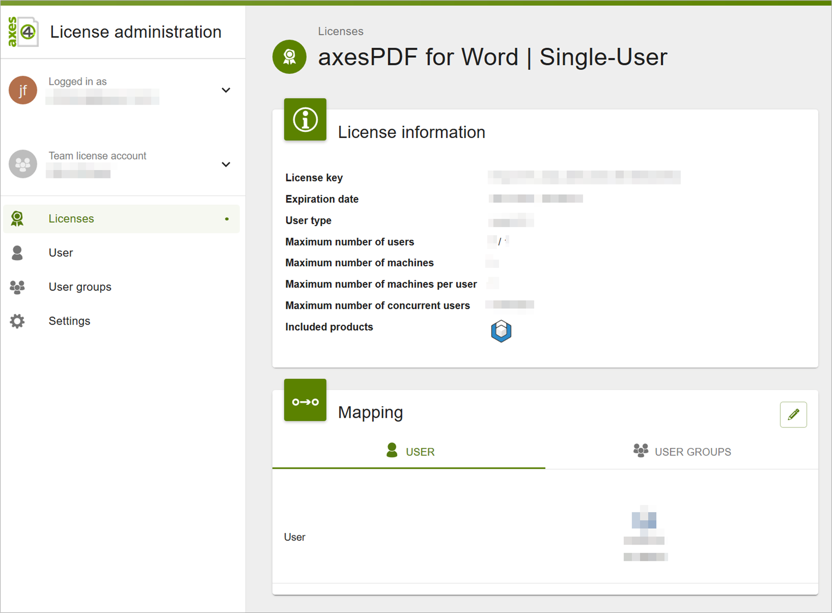 Screenshot: License management with the detailed view of a license.