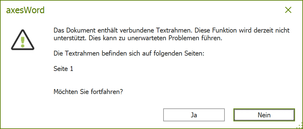 Warnmeldung: verknüpfte Textrahmen werden nicht unterstützt