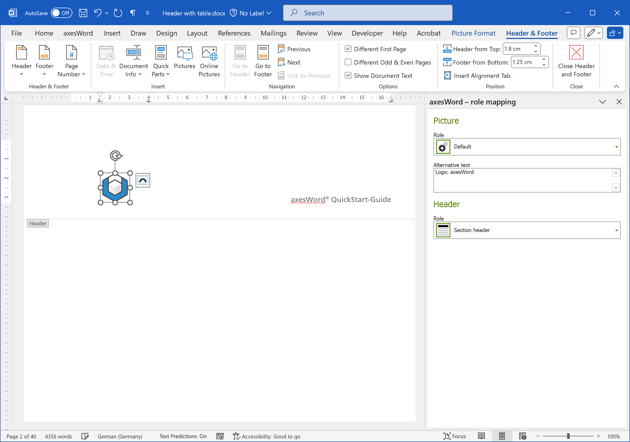 Word: Header with logo and axesWord role mapping settings