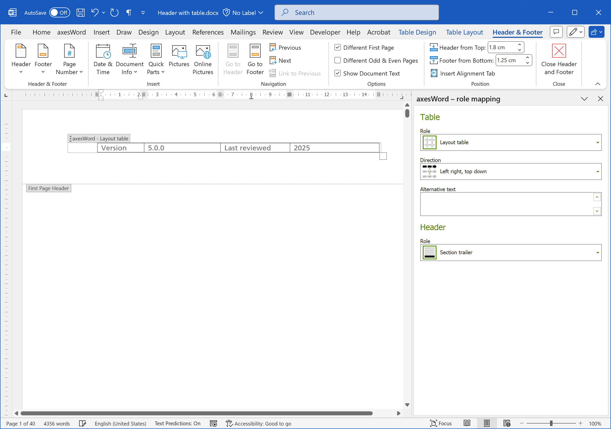 Word: Header with layout table and axesWord role mapping settings