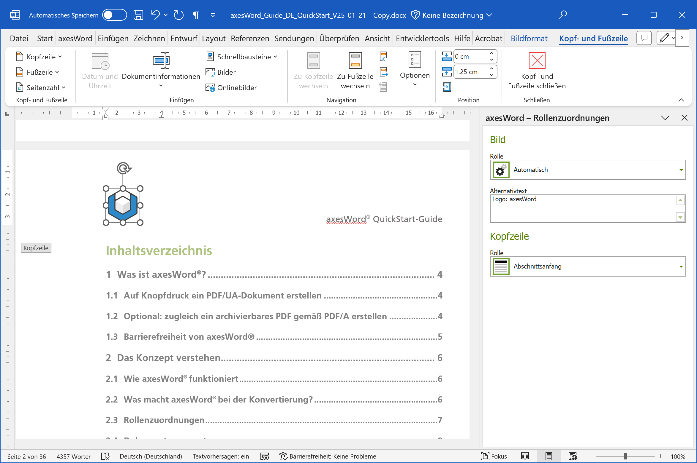 Word: Kopfzeile mit Logo und axesWord-Rollenzuordnungen