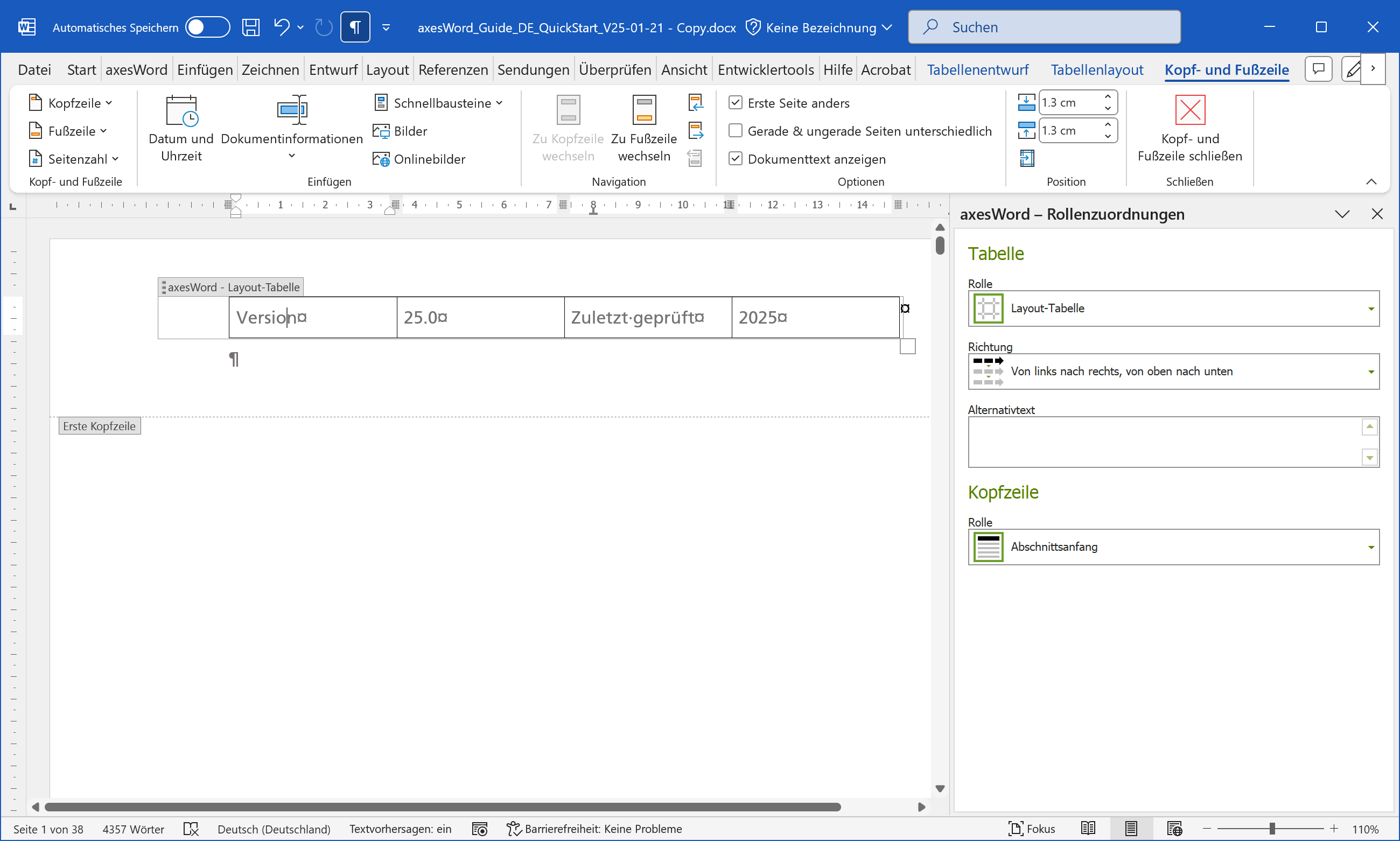 Word: Kopfzeile mit Layout-Tabelle und axesWord-Rollenzuordnungen