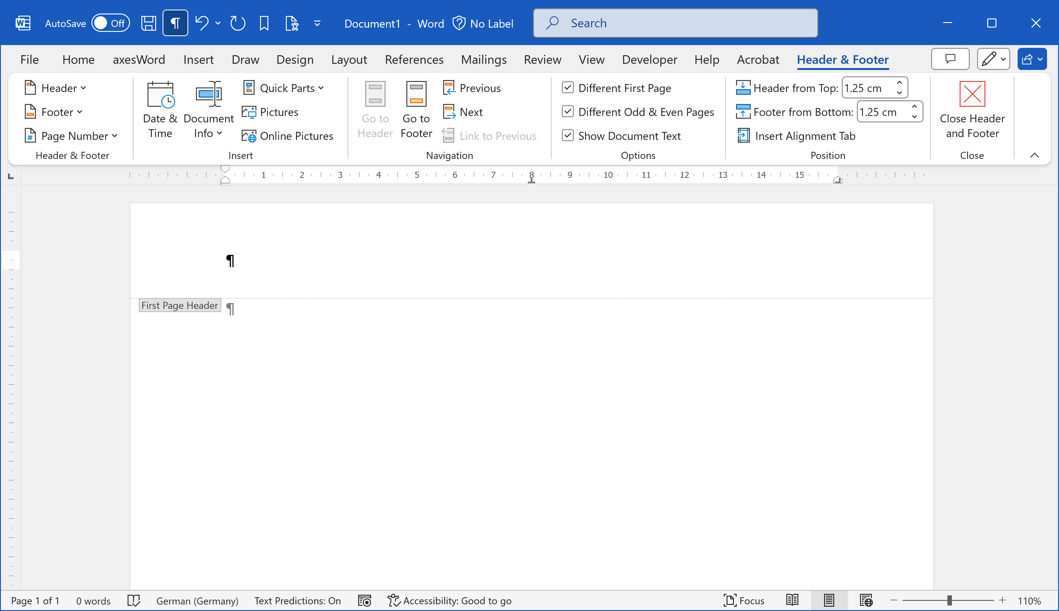 Word: Header and Footer tab