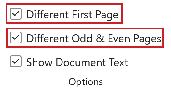 Word: Header and Footer tab, command group 'Options'