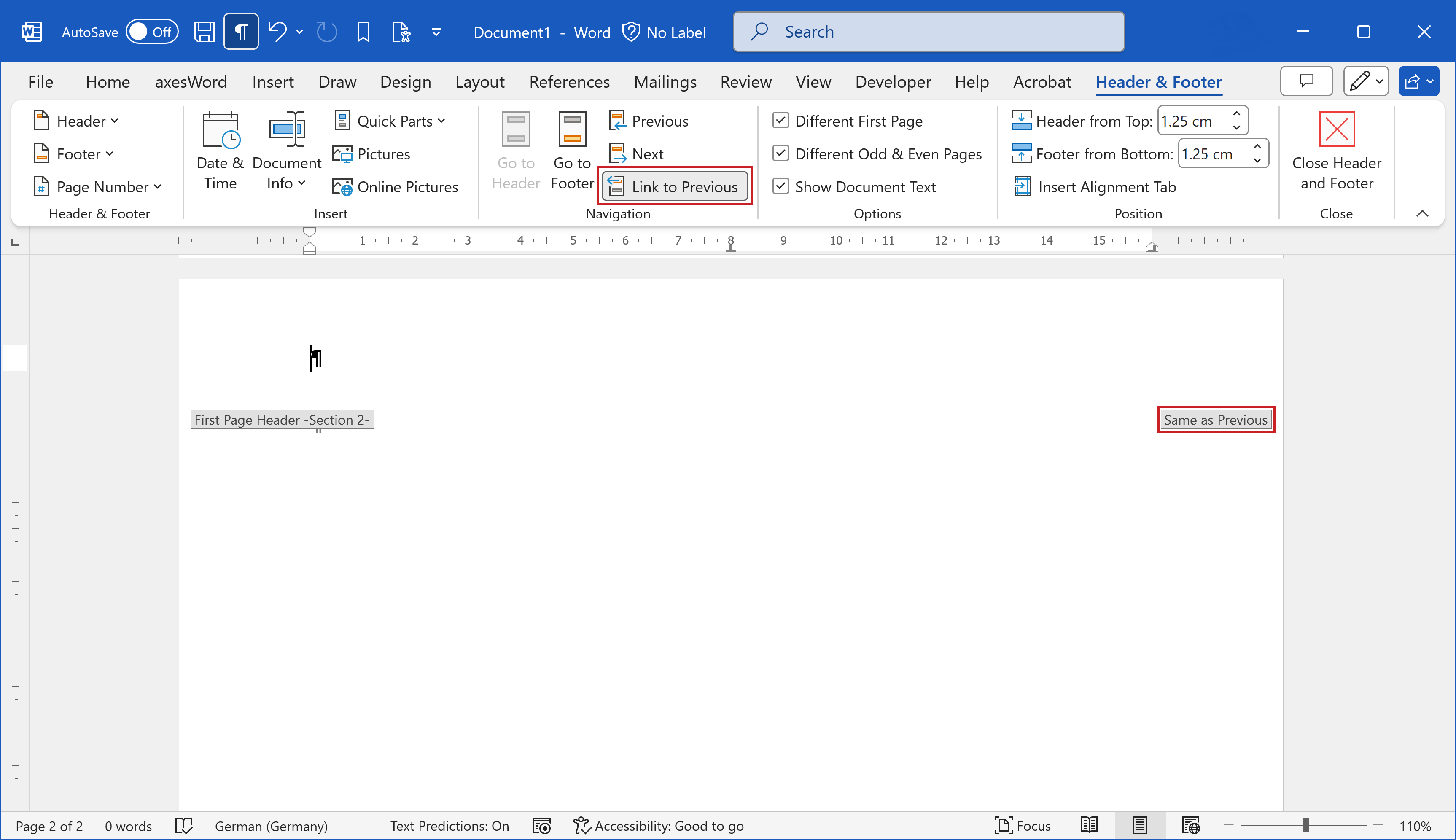 Word: Header and Footer tab, option 'Link to Previous' highlighted