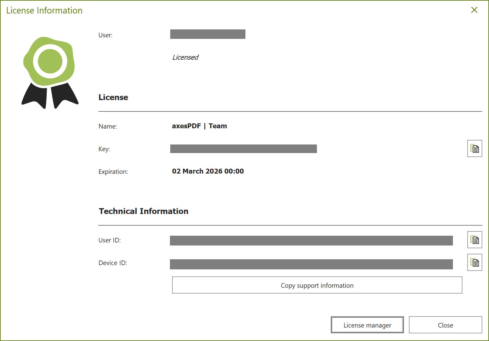 Dialogue box: License Information