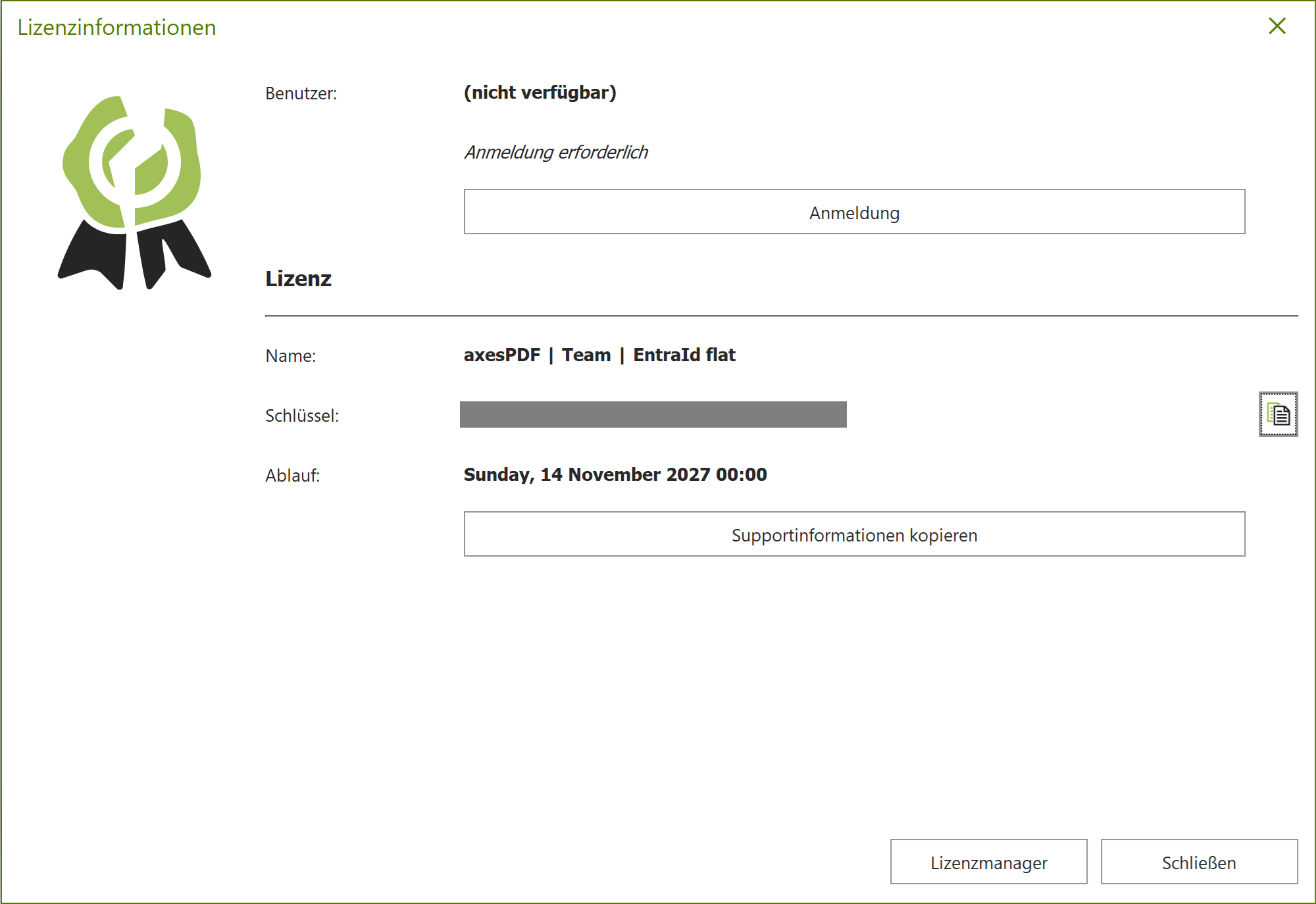 Dialogfenster: Lizenzinformationen bei Entra ID-Lizenzierung