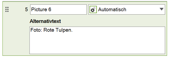 Bildschirmfoto: Ein Bild ist aufgewählt und unter dem Namen und der Rolle wird das Eingabefeld Alternativtext angezeigt. Es ist der Text 'Foto: Rote Tulpen' eingetragen.