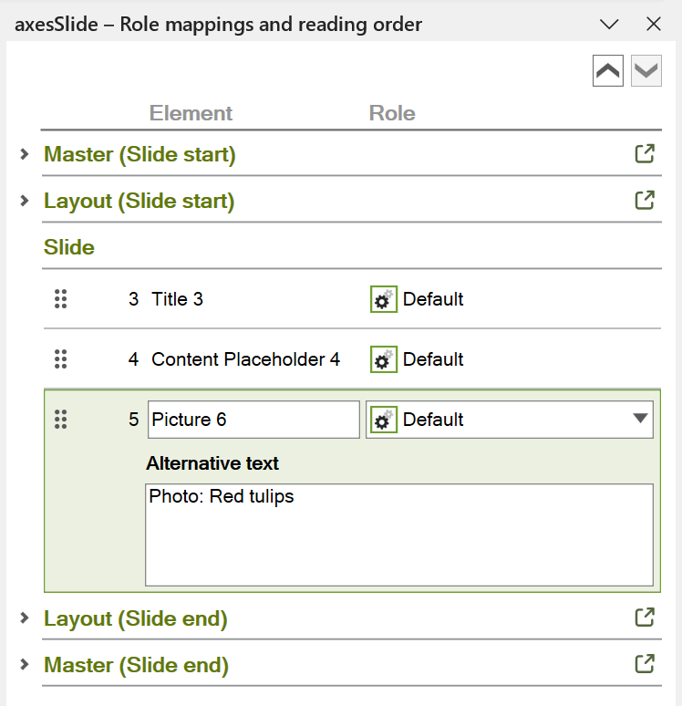 Screenshot: Task pane ‘axesSlide - role mapping and reading order’. The slide elements are listed by name and role. There are different layers for master, layout and slide. A picture element is selected and there is an input field for the alternative text.