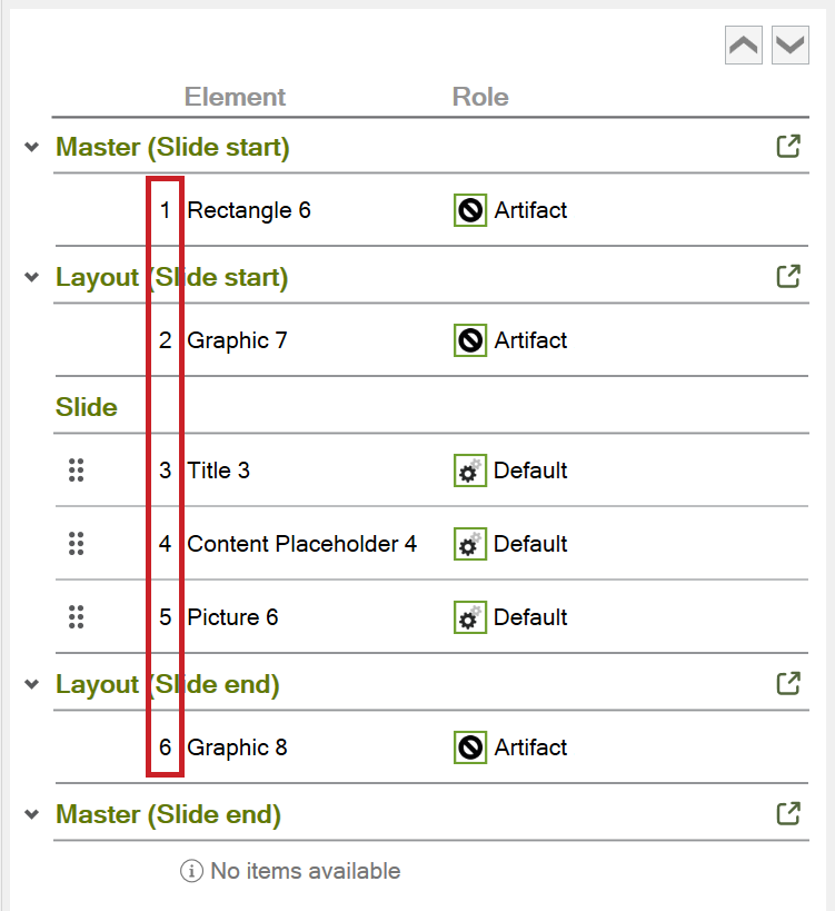 Screenshot: Highlighted numbering in the ‘axesSlide - role mapping and reading order’ task pane. The numbering runs across all layers.