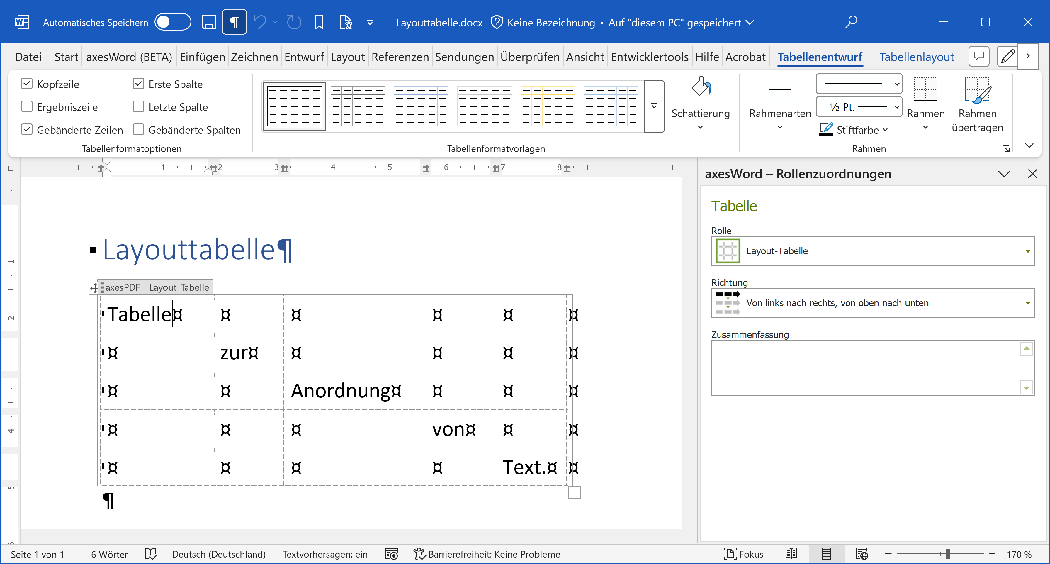 Tabelle; Rollenzuordnungen ist 'Layout-Tabelle'
