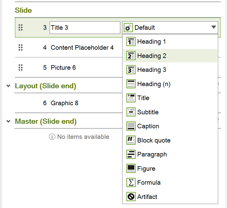 Screenshot: A title element is selected and the drop-down menu for the role is expanded. All available roles are displayed. The role ‘Heading 2’ is selected.