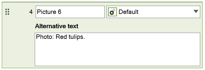 Screenshot: A picture is selected and the Alternative text input field is displayed under the name and role. The text ‘Photo: Red tulips’ is entered.