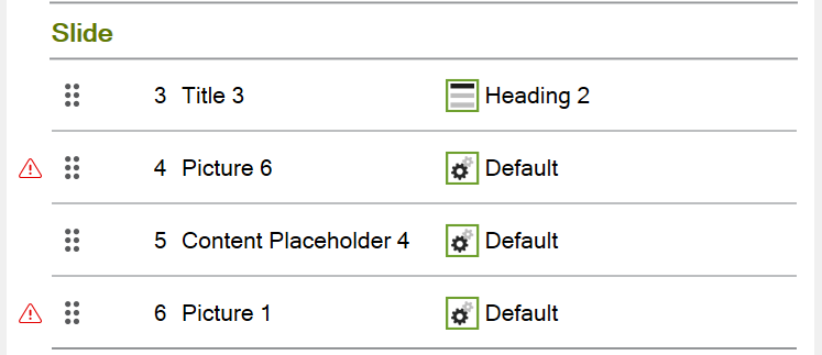 Screenshot: Four slide elements are listed in the ‘Slide’ layer. There is a red warning triangle on the left-hand side in front of two elements.