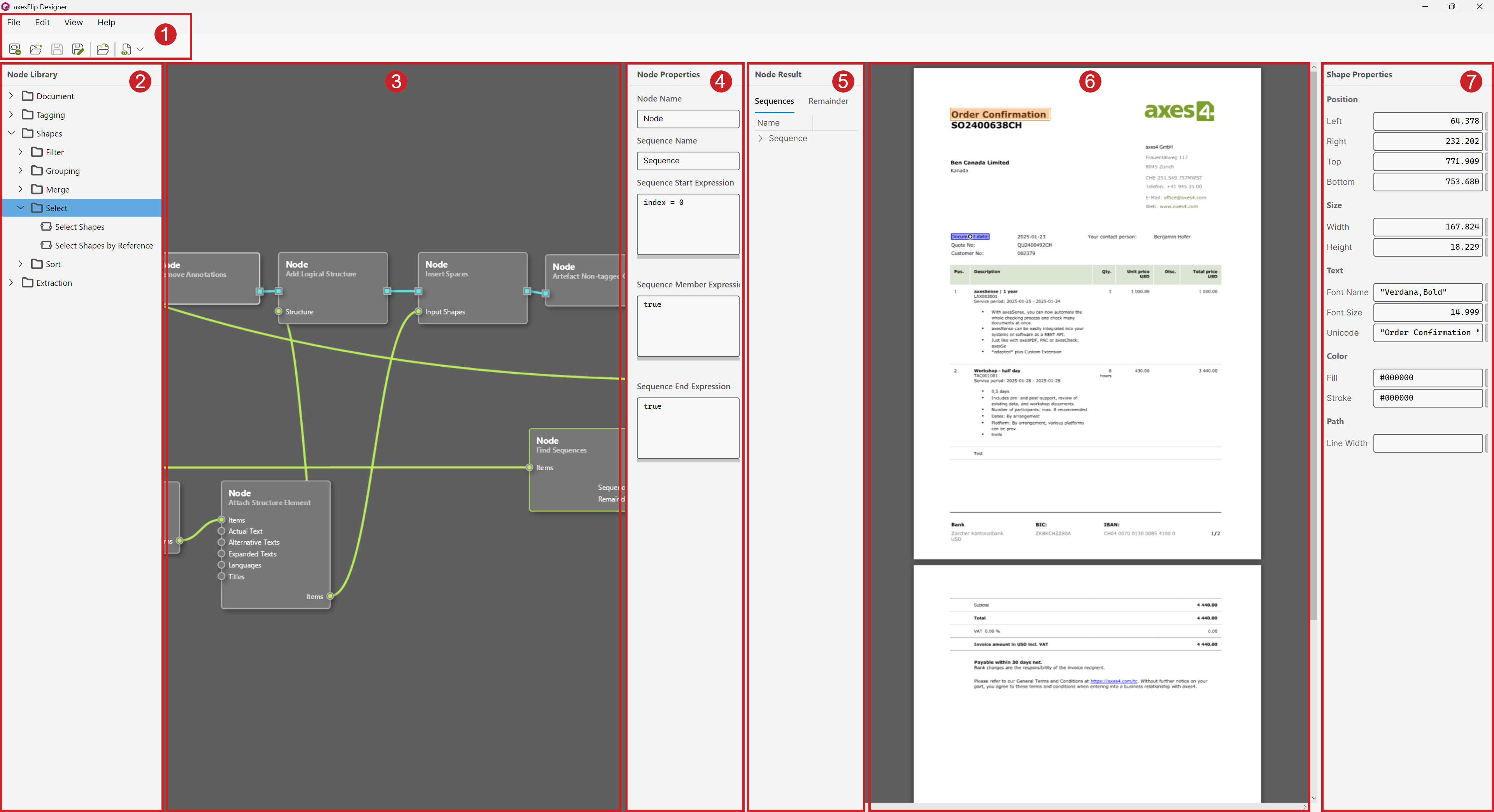Screenshot: axesFlip Designer with highlighted and numbered areas. At the top: 1 Menu. From left to right: 2 Node Library task pane, 3 template view with open template, 4 Node Properties task pane, 5 Node result task pane, 5 Document view with open PDF, 7 Shape Properties task pane.