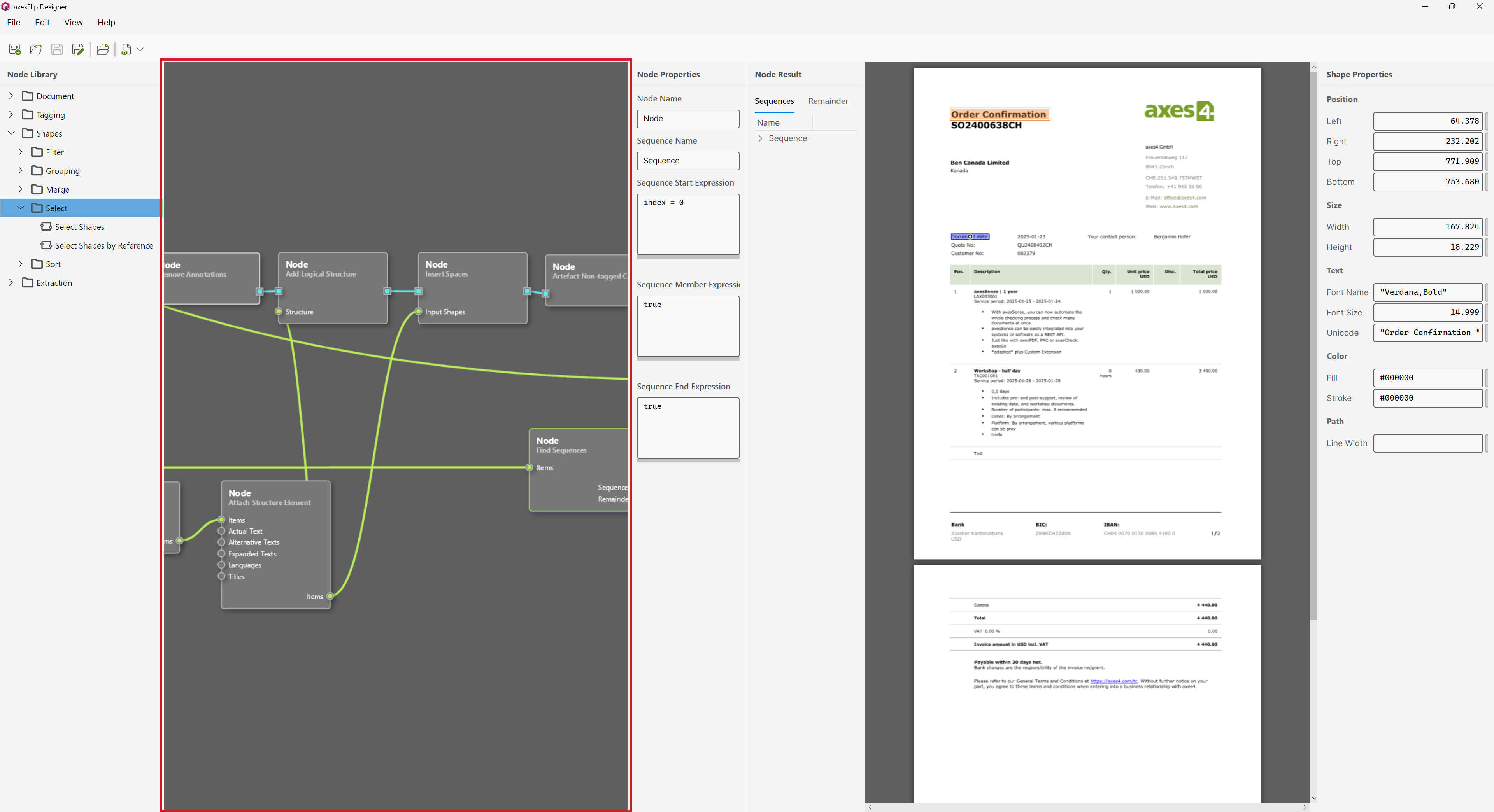 Screenshot: axesFlip Designer. The template view on the left-hand side of the window is highlighted.