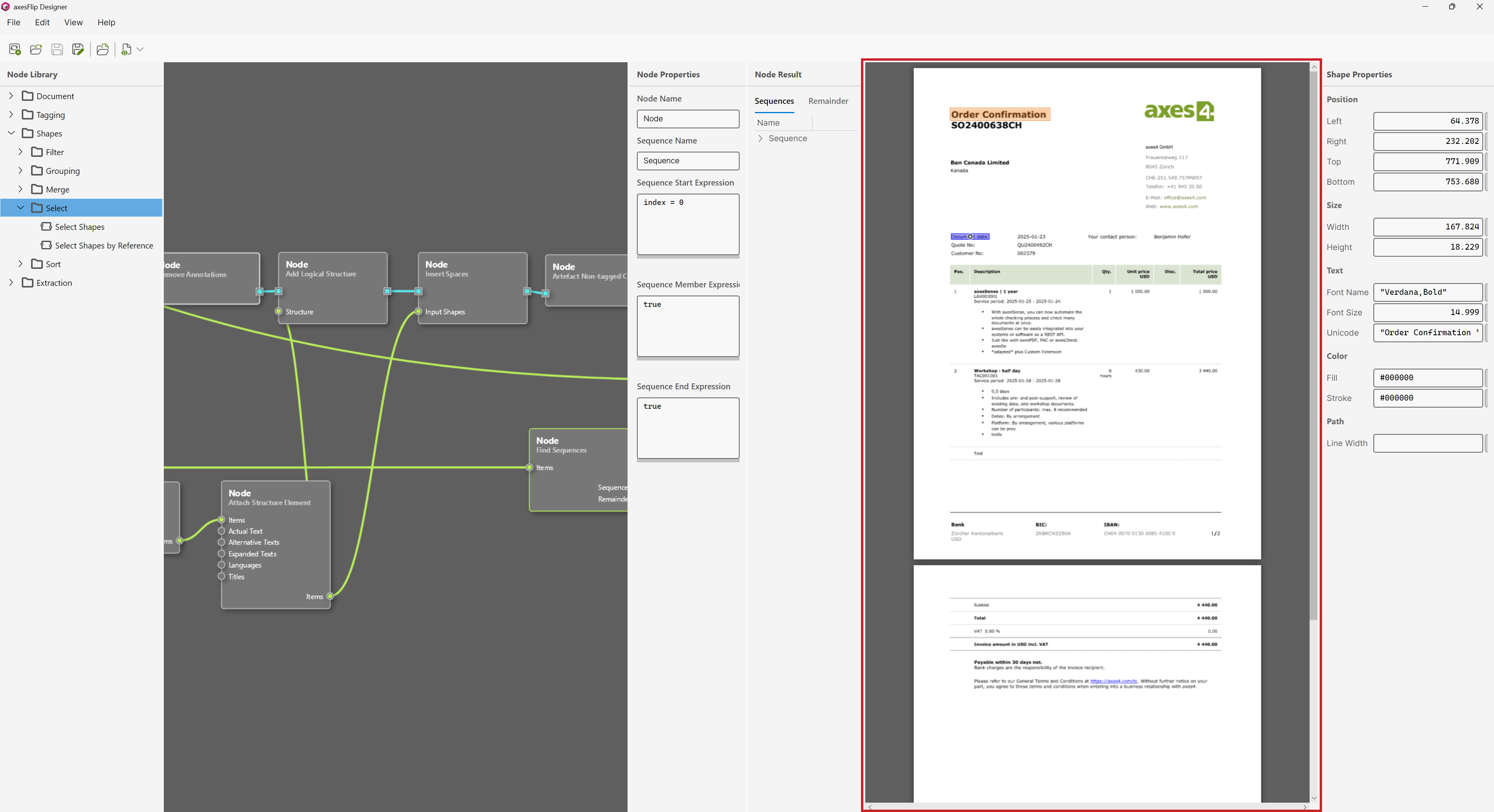 Screenshot: axesFlip Designer. The Document view on the right-hand side of the window is highlighted.