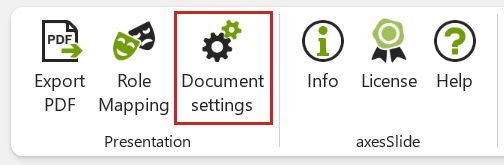 Screenshot: 'axesSlide' ribbon tab; 'Document settings' button is highlighted