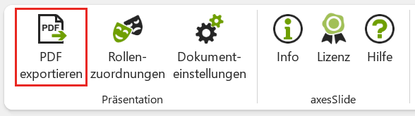 Bildschirmfoto: Registerkarte 'axesSlide'; Schaltfläche 'PDF exportieren' hervorgehoben