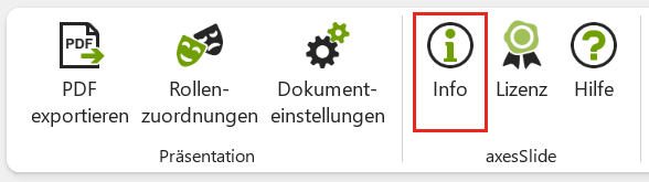 Bildschirmfoto: Registerkarte 'axesSlide'; Schaltfläche 'Info' hervorgehoben