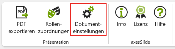Bildschirmfoto: Registerkarte 'axesSlide', Schaltfläche 'Dokumenteinstellungen' hervorgehoben
