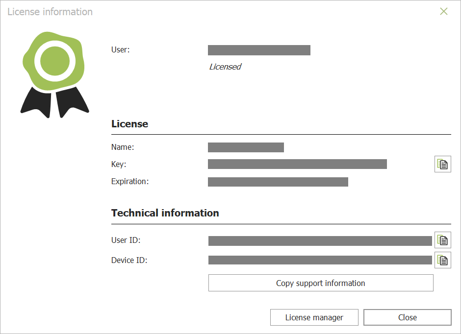 Dialogue box: License information (most of the information is obscured in gray)