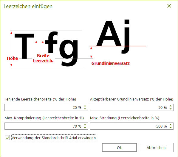 Dialogfenster: Leerzeichen einfügen