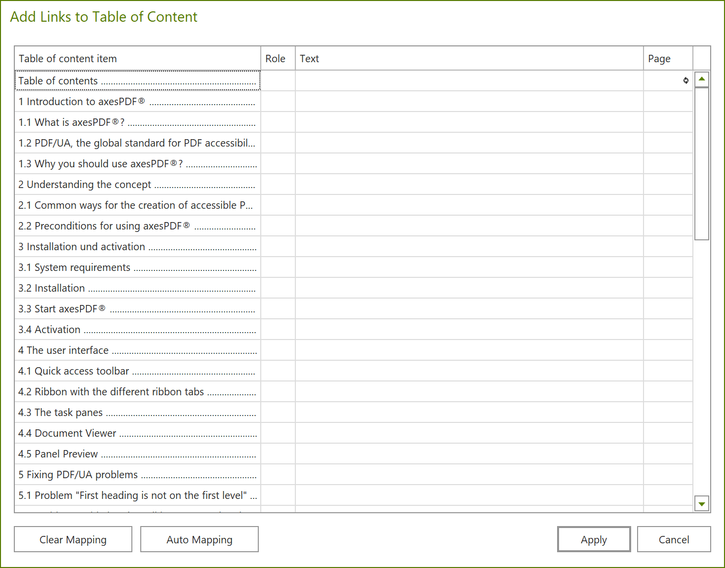 Dialoge box: Add Links to Table of Content