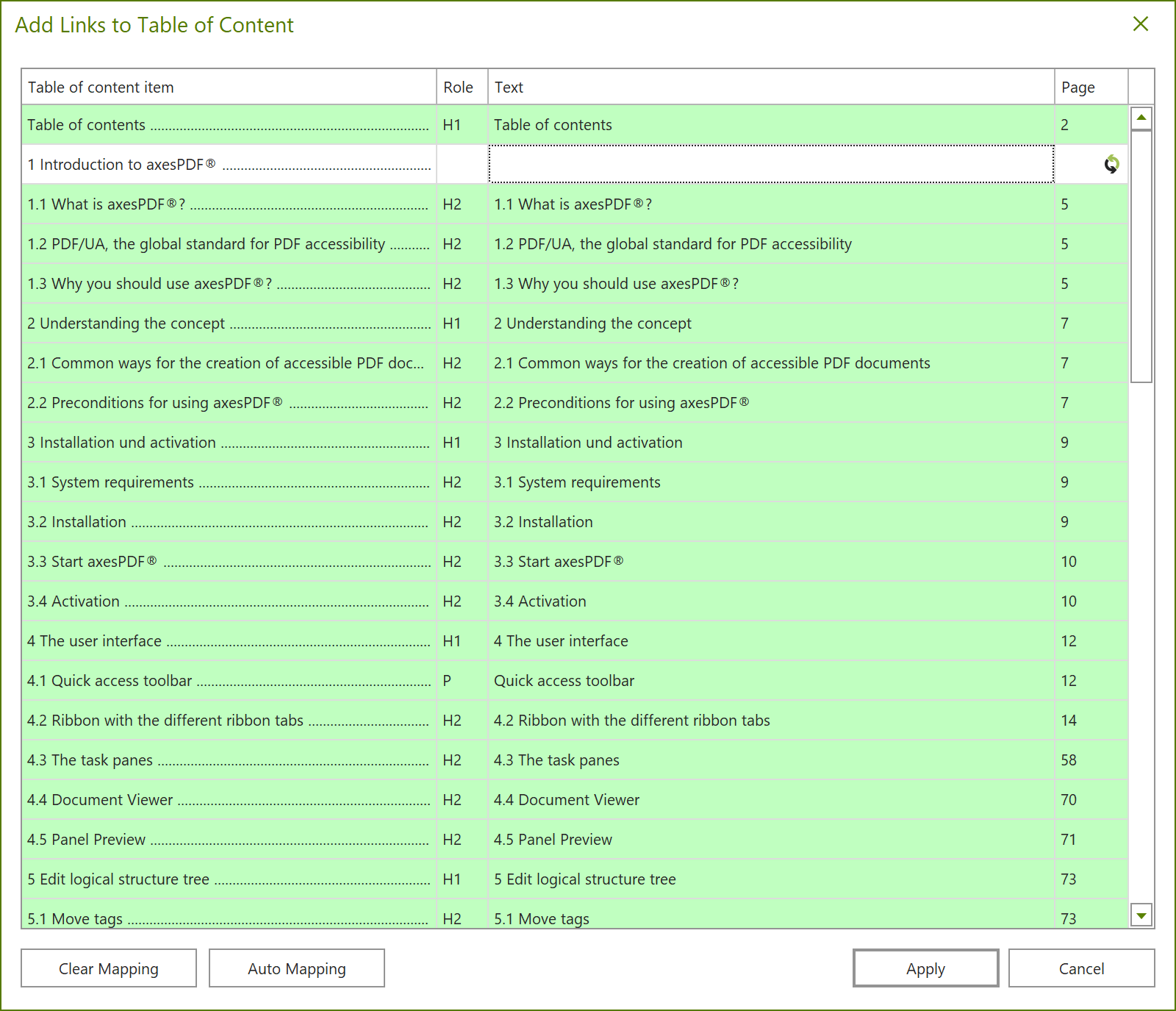 Dialoge box: Add Links to Table of Content; one entry is not assigned