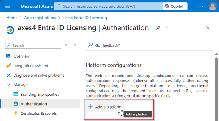 Screenshot des Azure-Portals. Im Widget 'App Registrations' ist der Navigationspunkt 'Authentication' und dort der Button 'Add a platform' hervorgehoben.