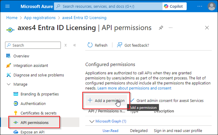 Screenshot des Azure-Portals. Im Widget 'App Registrations' ist der Navigationspunkt 'API permissions' und dort der Button 'Add a permission' hervorgehoben.