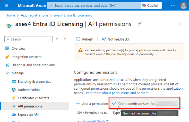 Screenshot des Azure-Portals. Im Widget 'App registrations' ist der Button 'Grant admin consent for directory' hervorgehoben.