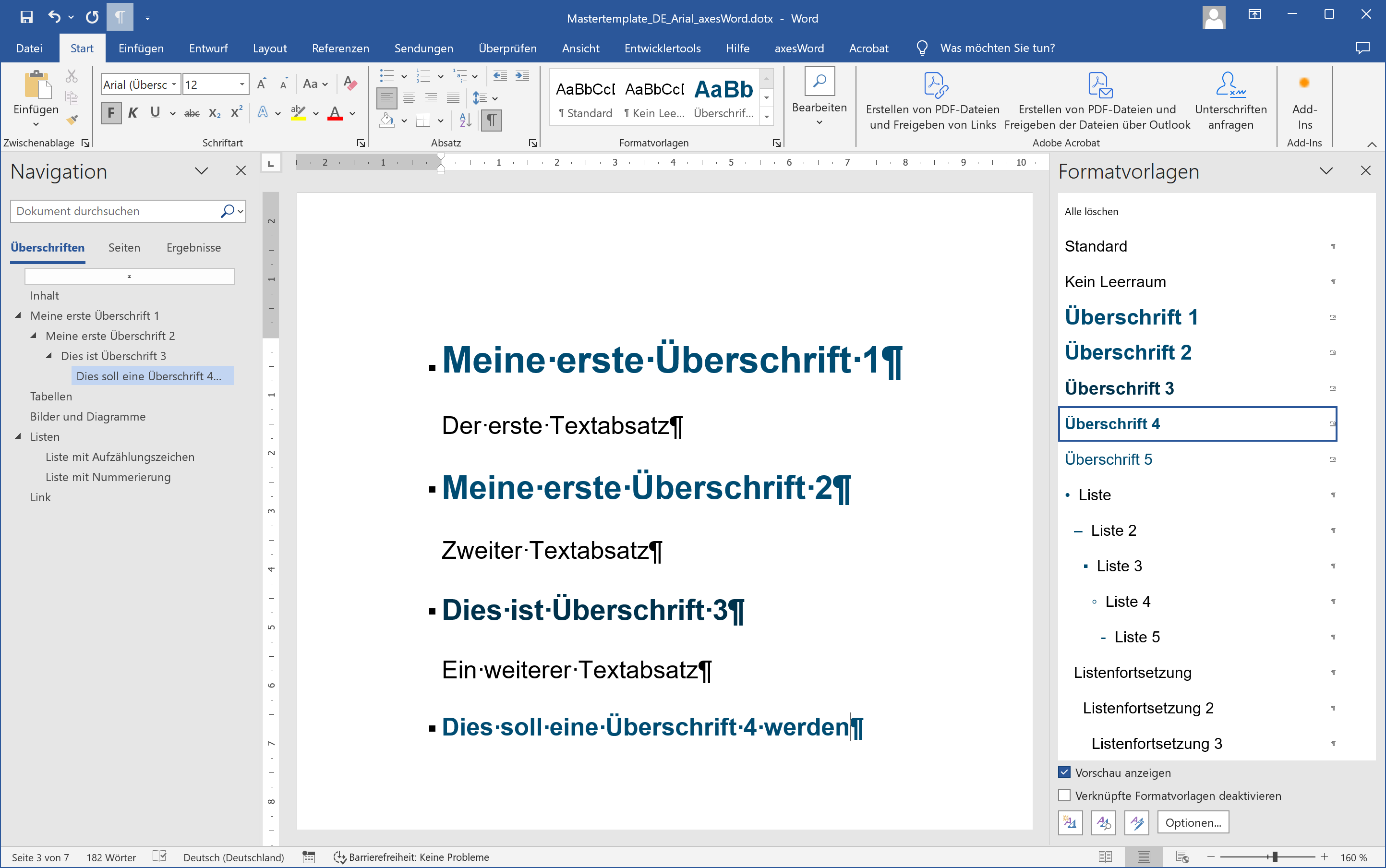 Word-Fenster mit Überschriften und einem Absatz, der mit Formatvorlage 'Überschrift 4' formatiert ist