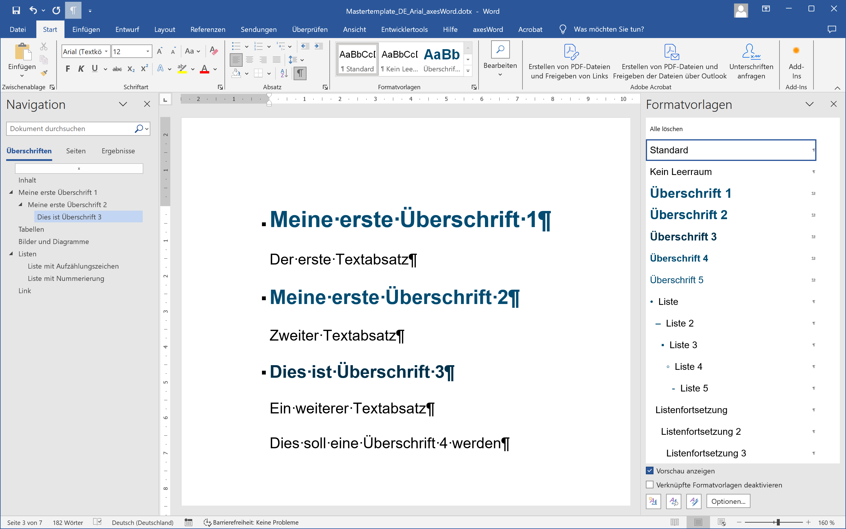 Word-Fenster mit Überschriften und einem Absatz, der mit Formatvorlage 'Standard' formatiert ist