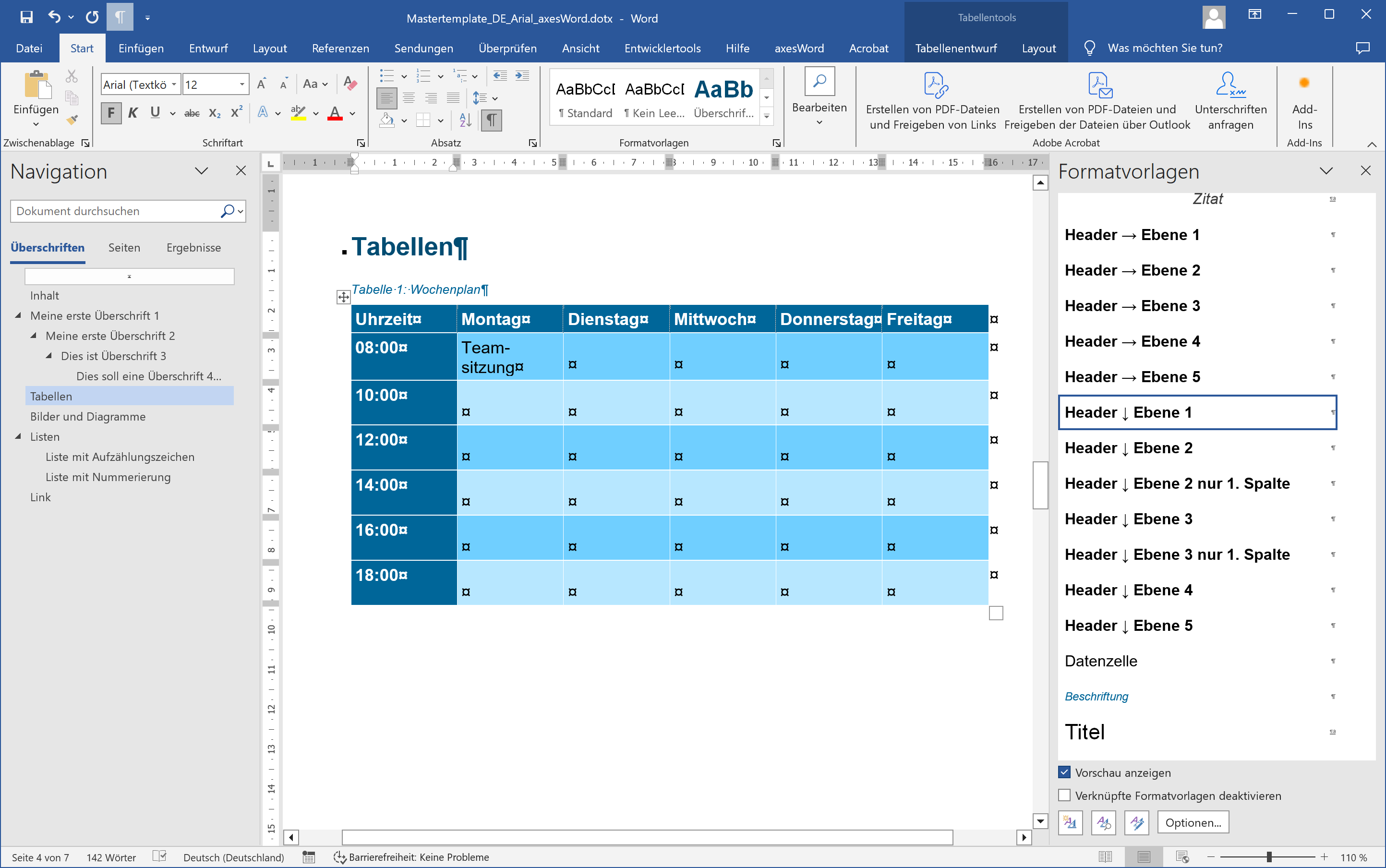 Word-Fenster mit einer Tabelle; einige Zellen enthalten Text