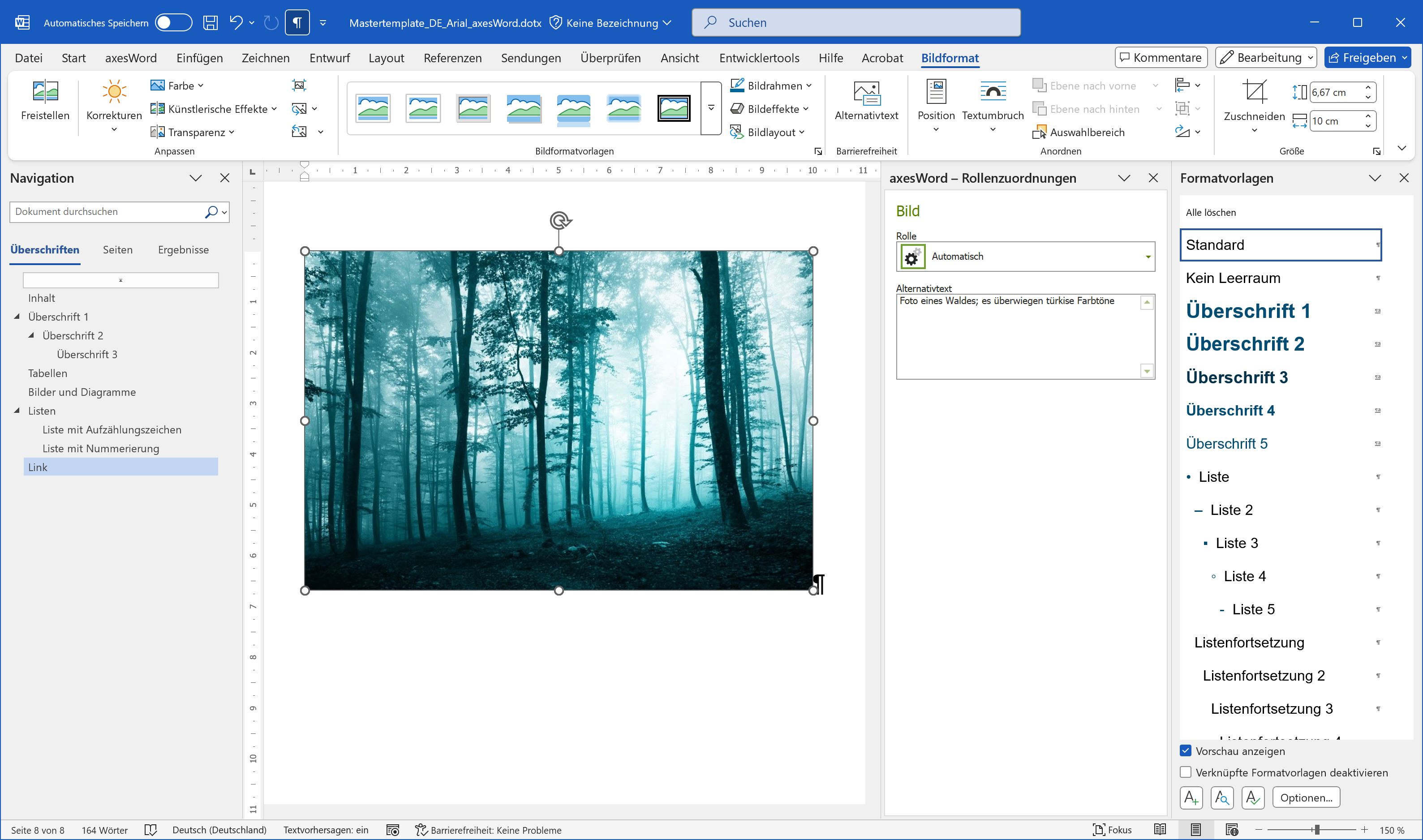 Word mit Bild und dem Aufgabenbereich 'axesWord - Rollenzuordnungen', in dem ein Alternativtext vorhanden ist