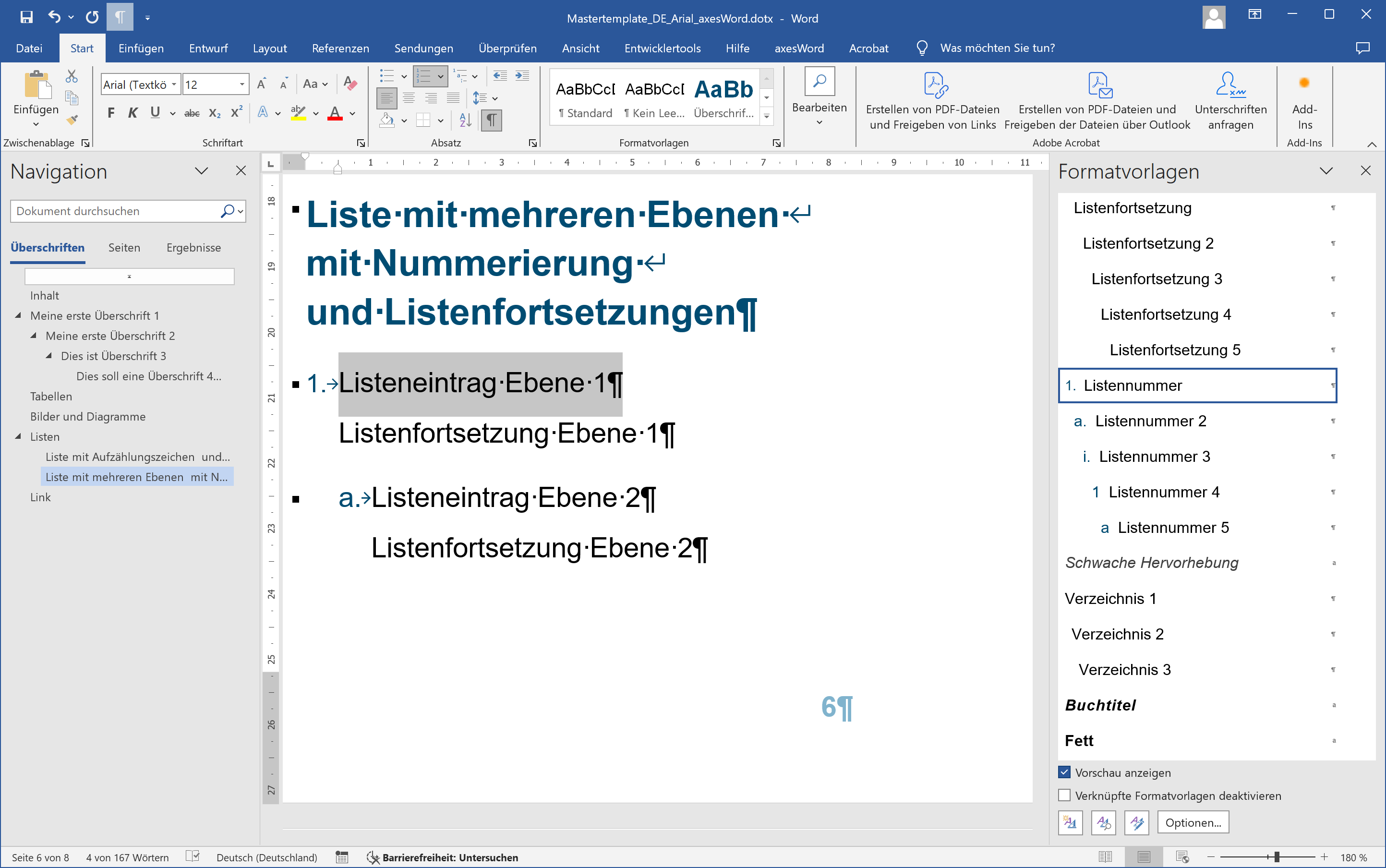 Word-Fenster: Liste mit mehreren Ebenen mit Nummerierung mit Listenfortsetzungsabsätzen