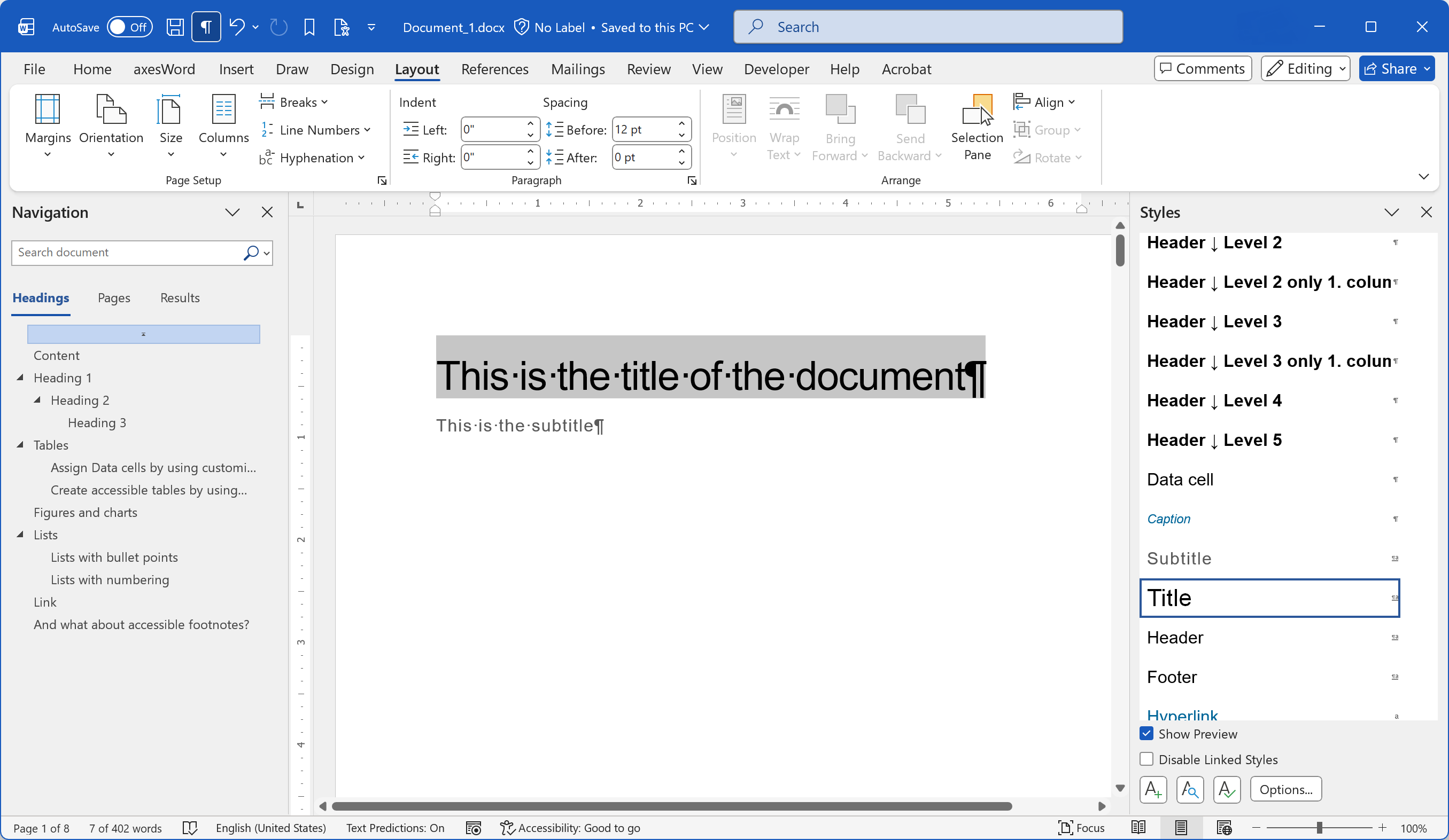 Word window with title and subtitle