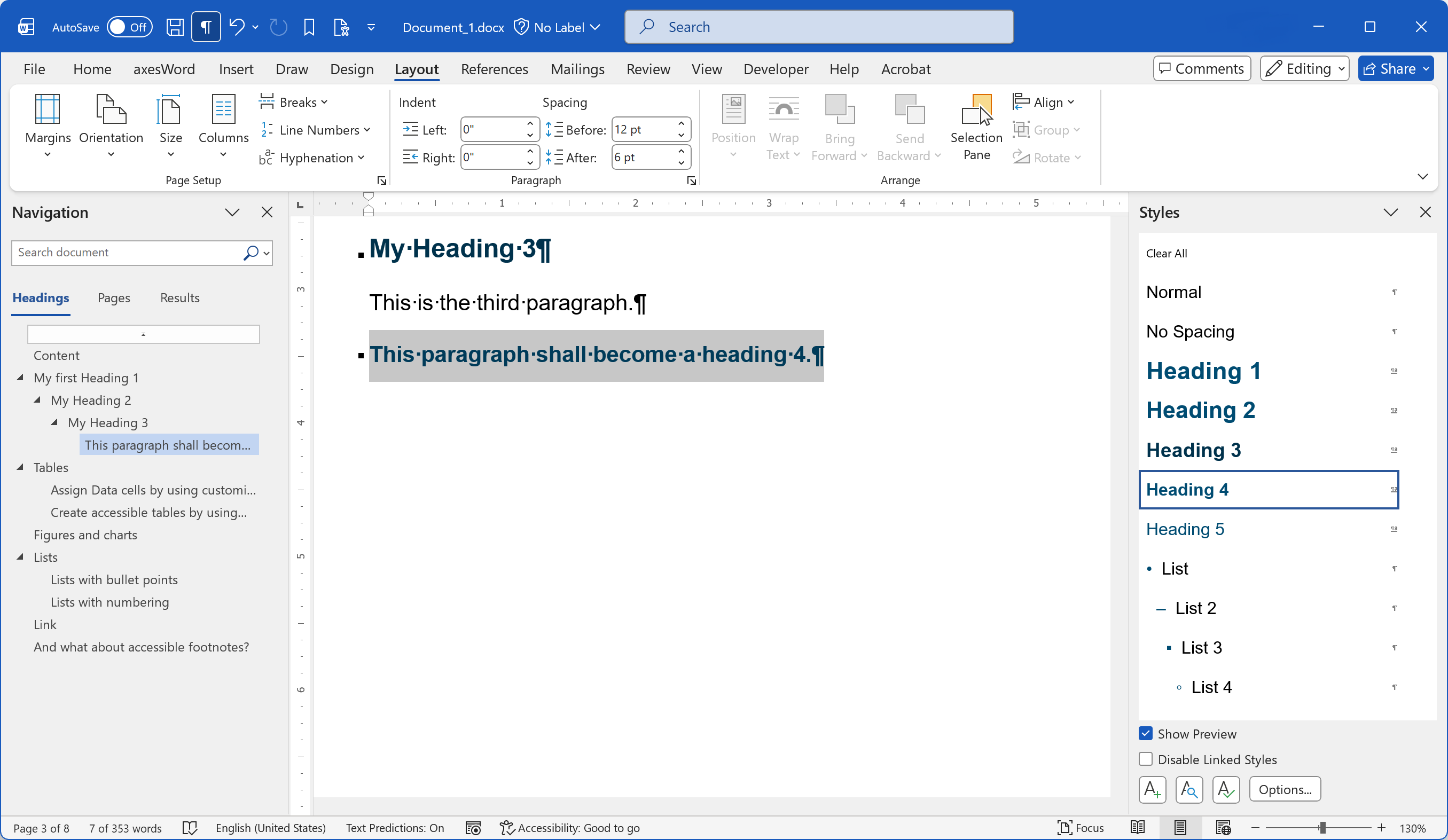 Word window with a paragraph formatted with style 'Heading 4'