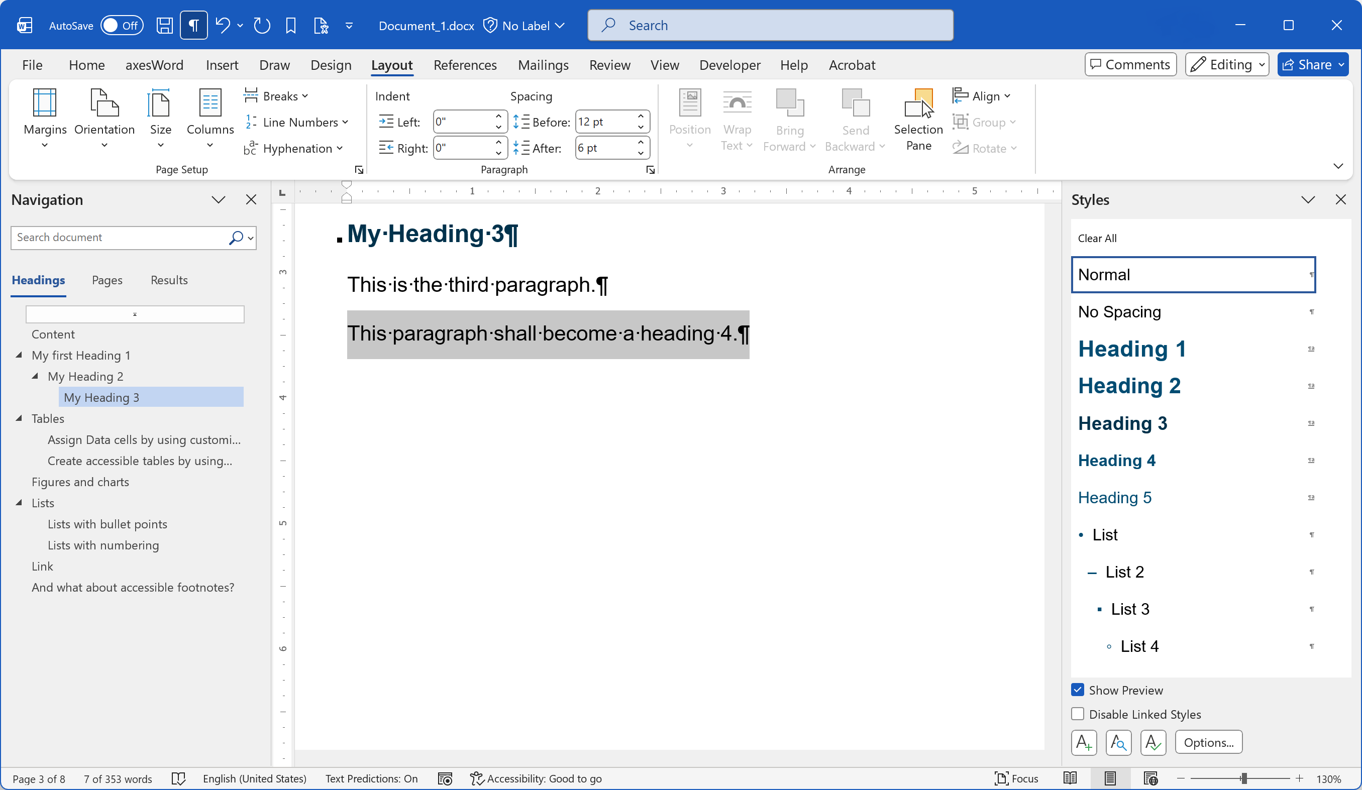 Word window with a paragraph formatted with style 'Standard'