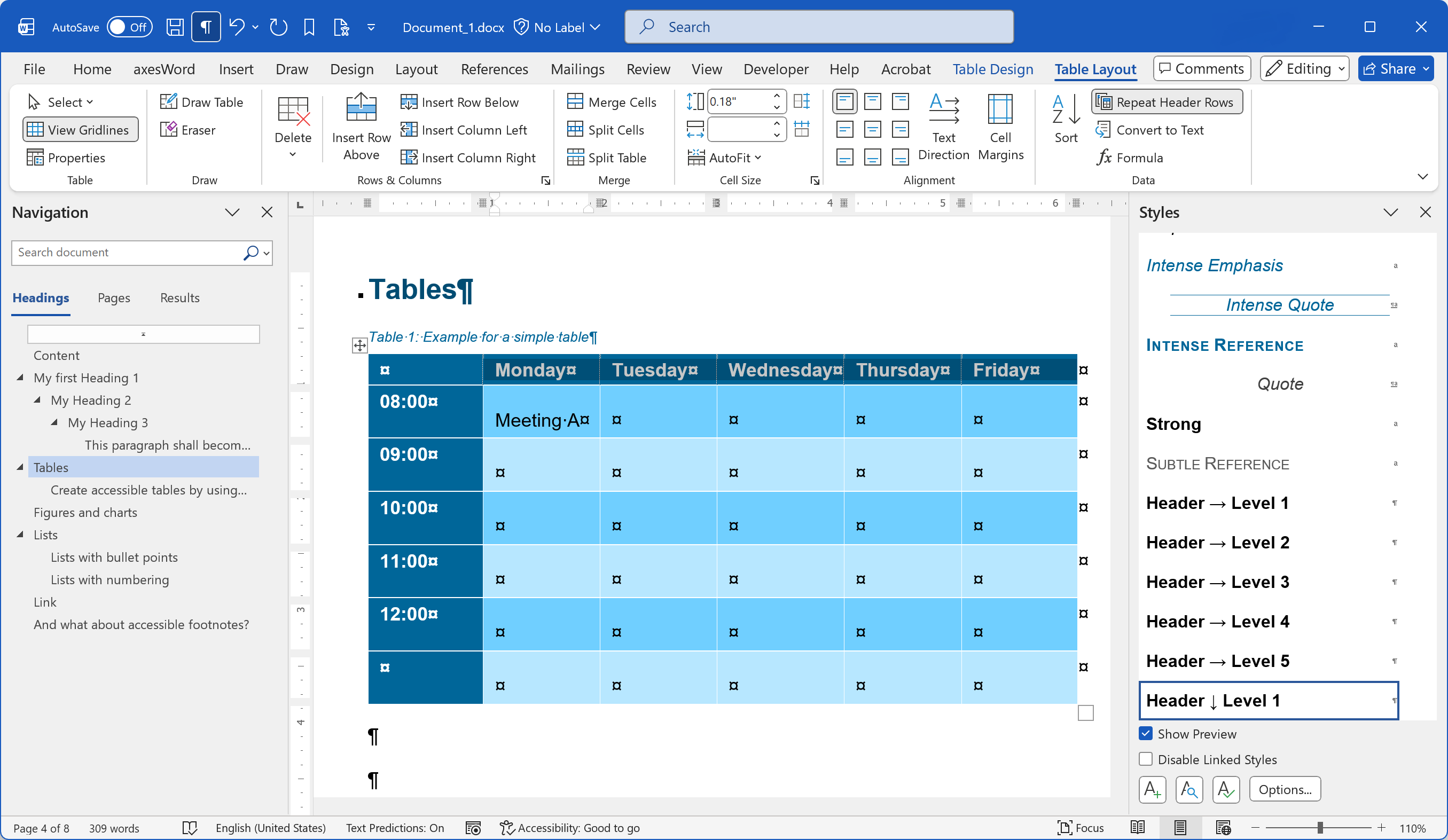 Word window with a table, some cells are filled with data