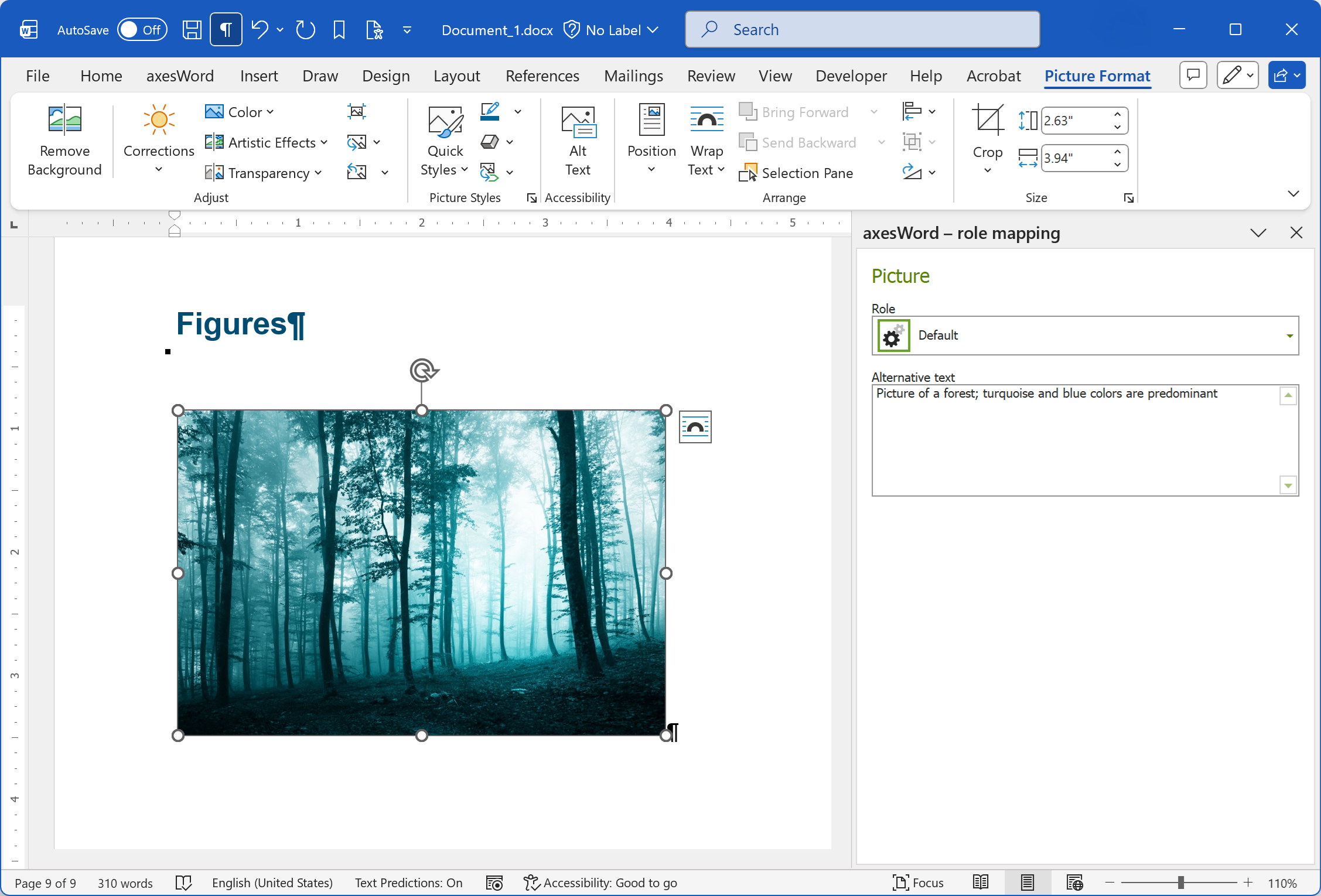 Word window with a figure and alternative text in the 'axesWord - role mapping' task pane